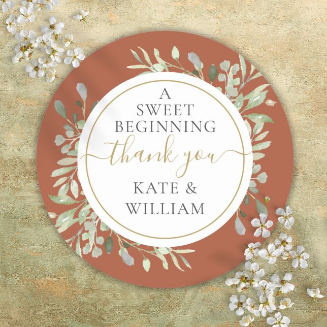 A Sweet Beginning Terracotta Greenery Wedding  Classic Round Sticker (A Sweet Beginning Terracotta Greenery Wedding Classic Round Sticker)