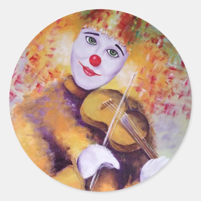 A sweet clown playing the violin classic round sticker (Front)