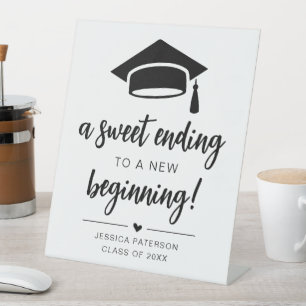 A Sweet Ending To A New Beginning Black White Chic Pedestal Sign