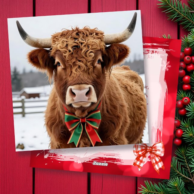 A Sweet Highland Cow on a Snowy Christmas Day Holiday Card (Creator Uploaded)