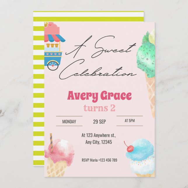 A Sweet Icecream Summer Birthday Party Invitation (Front/Back)