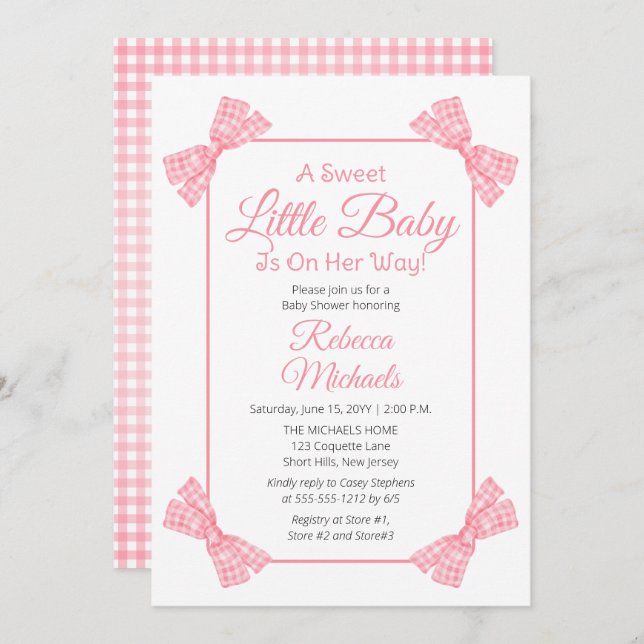 A Sweet Little Baby Pink Bows Girl Baby Shower Invitation (Front/Back)