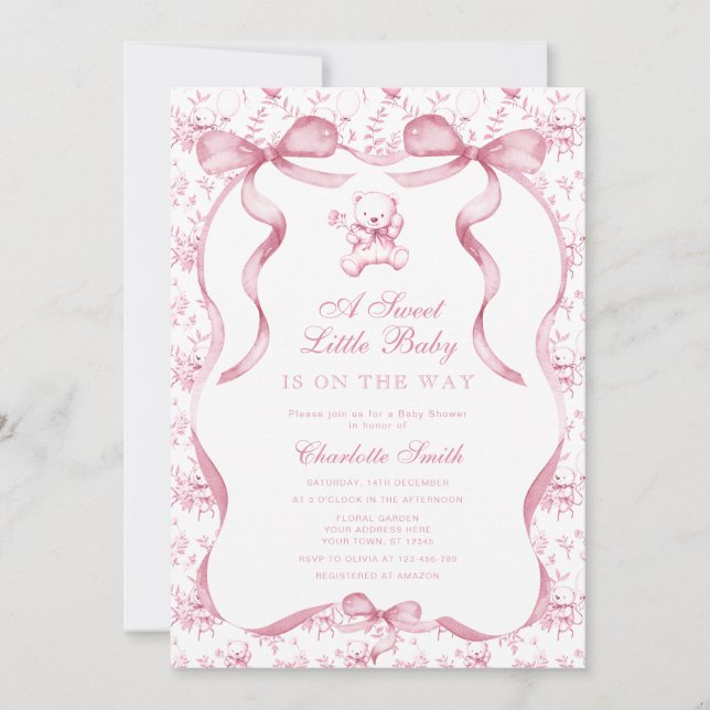 A Sweet Little Baby Toile Bear Pink Baby Shower Invitation (Front)