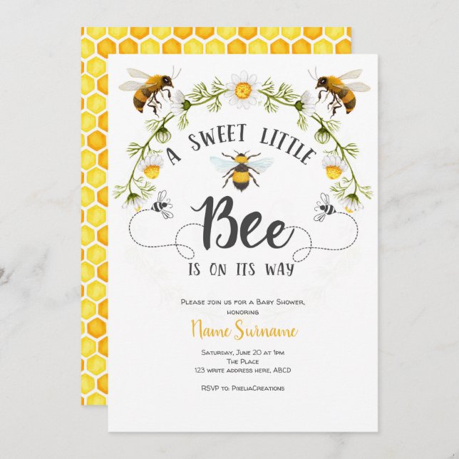 A Sweet Little Bee, Bee baby Shower Invitation (Front/Back)
