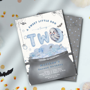 A Sweet Little Boo Is Turning Two Blue Birthday Invitation