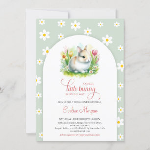 A sweet little bunny with daisies sage pink baby invitation