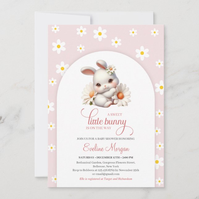 A sweet little bunny with daisies spring pink baby invitation (Front)