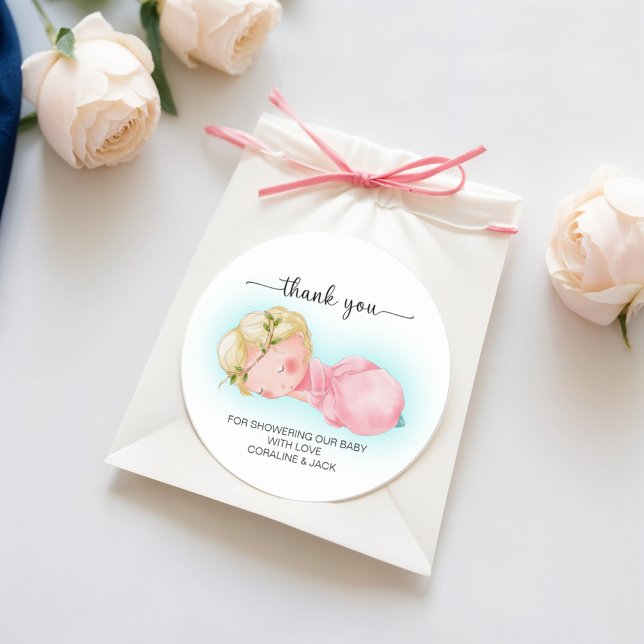 A sweet little girl Baby Shower Classic Round Sticker (Creator Uploaded)