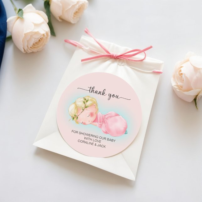 A sweet little girl Baby Shower Classic Round Sticker (Creator Uploaded)