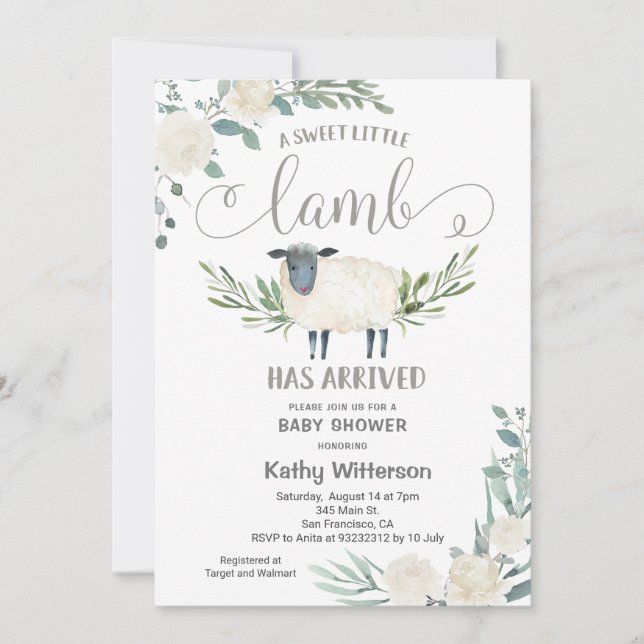 A Sweet Little Lamb Has Arrived Floral Baby Shower Invitation (Front)