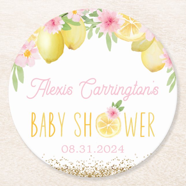 A Sweet Little One Lemon Baby Shower Round Paper Coaster (Front)