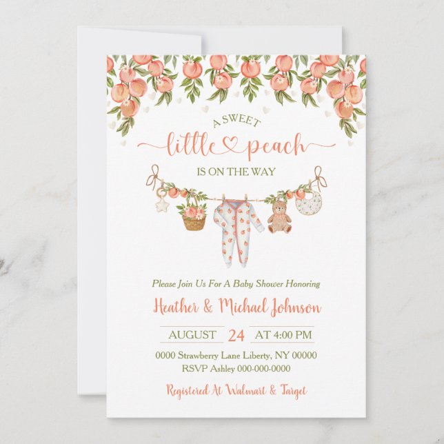 A Sweet Little Peach Clothesline Baby Shower Invitation (Front)