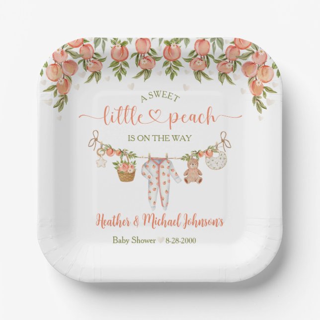 A Sweet Little Peach Clothesline Baby Shower Paper Plate (Front)