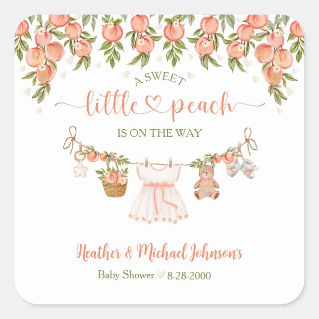 A Sweet Little Peach Clothesline Girl Baby Shower Square Sticker (Front)