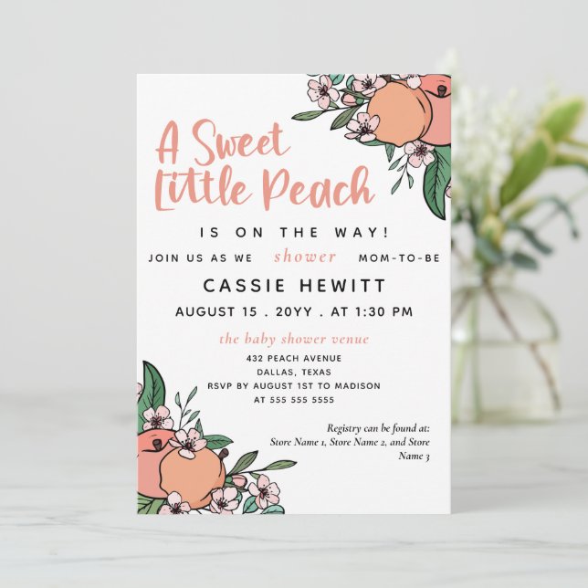 A Sweet Little Peach On the Way Baby Shower Invitation (Standing Front)