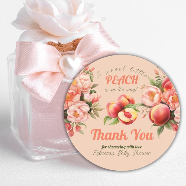 A Sweet Little Peach Summer Floral Baby Shower Classic Round Sticker (Creator Uploaded)