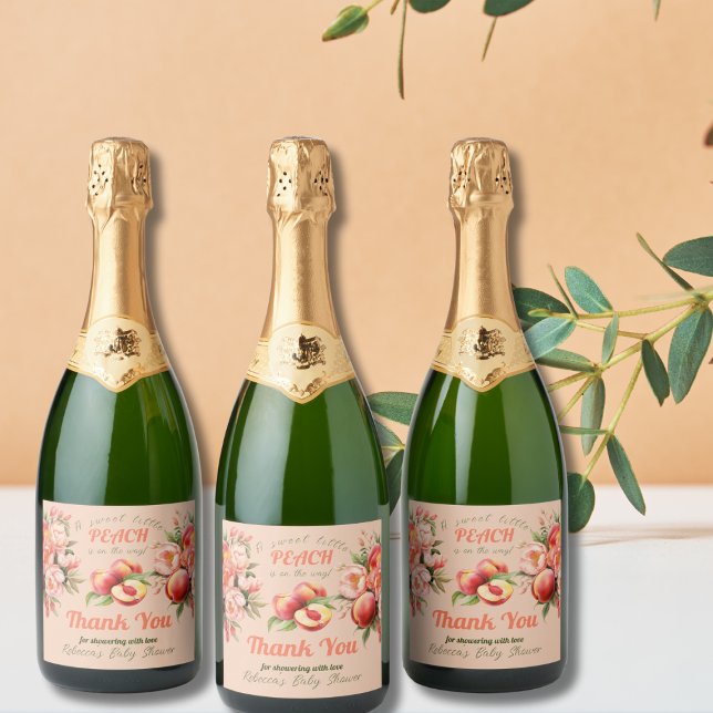 A Sweet Little Peach Summer Floral Baby Shower Sparkling Wine Label (Creator Uploaded)