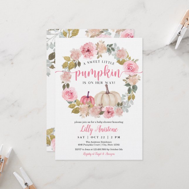 A Sweet Little Pumpkin Baby Girl Shower Invitation (Front/Back In Situ)