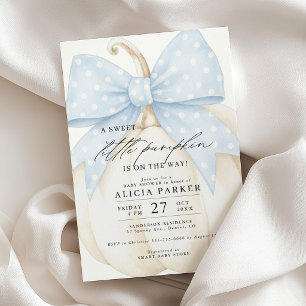 A sweet little pumpkin blue bow boy baby shower invitation