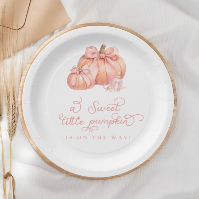 A Sweet Little Pumpkin Pink Bow Baby Shower Paper Plate (Creator Uploaded)