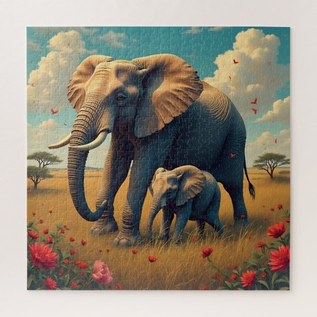 A Sweet Sentimental Mama and Baby Elephant Jigsaw Puzzle (Vertical)