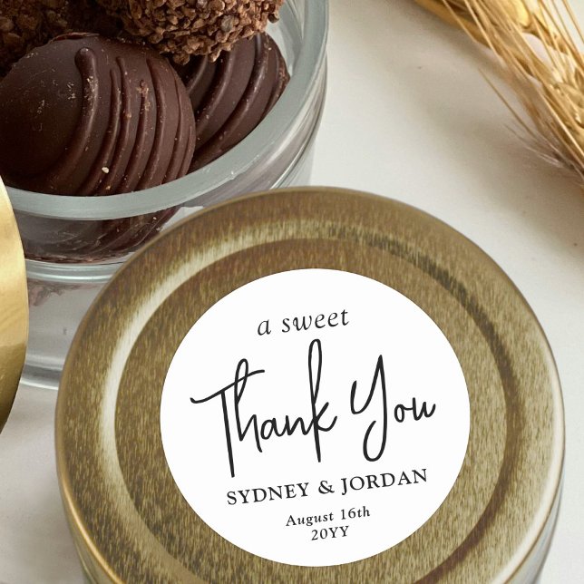A Sweet Thank You Chic Modern Script Wedding Favou Classic Round Sticker (Creator Uploaded)