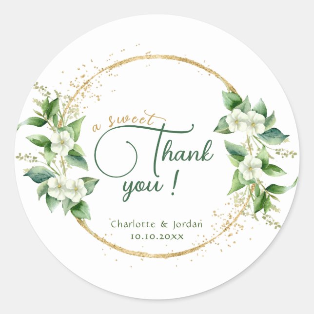 A Sweet Thank You Gold Greenery Eucalyptus Wedding Classic Round Sticker (Front)