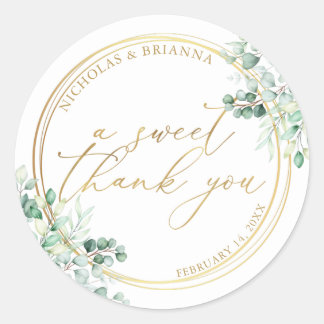 A Sweet Thank You Gold Greenery Eucalyptus Wedding Classic Round Sticker