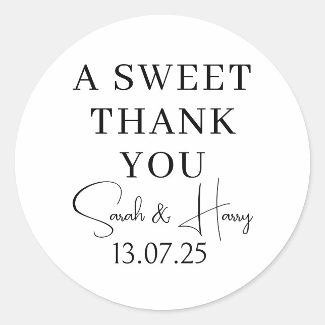 A Sweet Thank You // Modern Wedding Stickers,  Classic Round Sticker (Front)