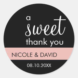 A sweet thank you pink black custom wedding favour classic round sticker