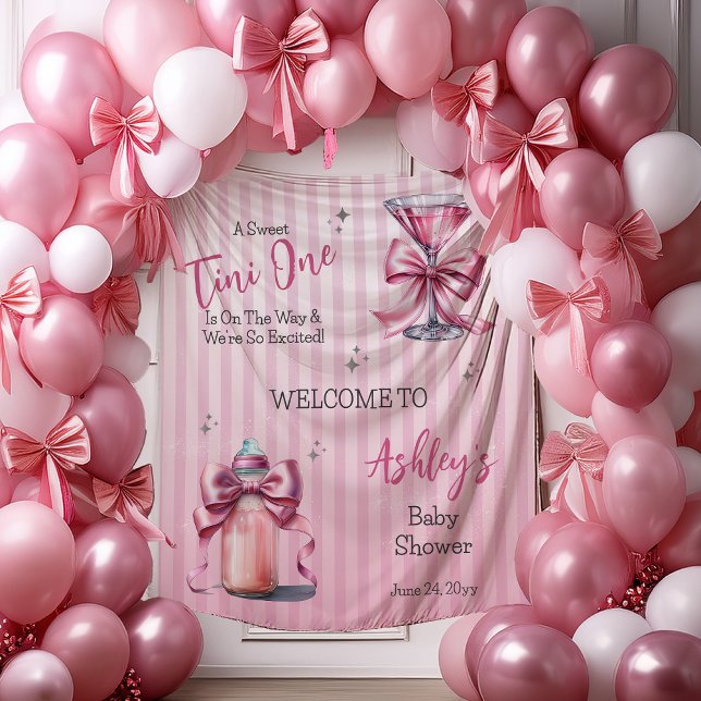 A Sweet Tini One Coquette Baby Shower Backdrop Tapestry ("A Sweet Tini One Is On the Way . . ." Coquette Bows Martini | Bottle Girl Baby Shower Backdrop)