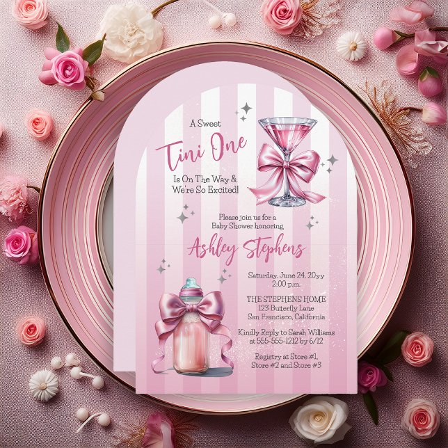 A Sweet Tini One Pink Coquette Girl Baby Shower Invitation ("A Sweet Tini One Is On the Way . . ." Coquette Bows, Martini | Baby Bottle Girl Baby Shower Invite)