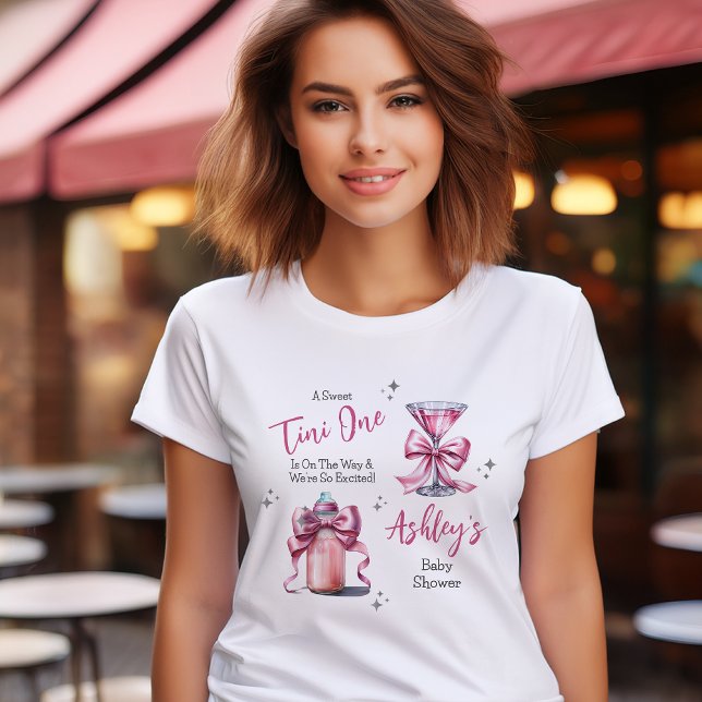 A Sweet Tini One Pink Coquette Girl Baby Shower T-Shirt ("A Sweet Tini One Is On the Way . . ." Coquette Bows Martini | Bottle Girl Baby Shower T-Shirt)