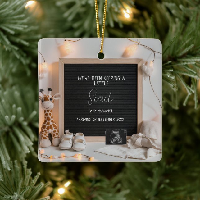 A sweetly sitting giraffe  pregnancy announcement  ceramic ornament (Tree)