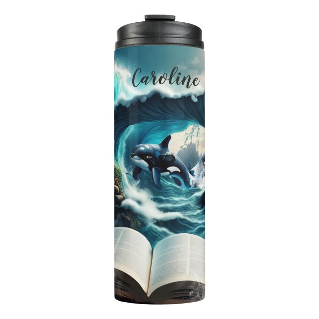 A Swimming steampunk Orca in the wave. Thermal Tumbler (Front)