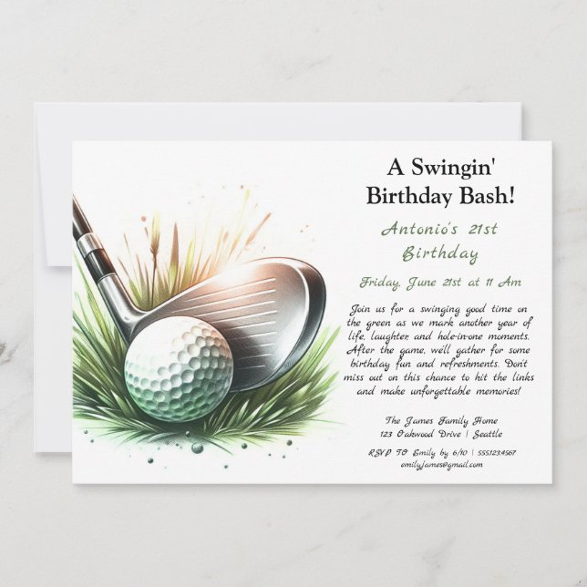 A Swingin' Birthday Bash Tee Up for Fun!  Invitation (Front)