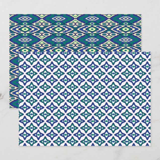 A symmetrical blue and white rug with intricate mo thank you card (Front/Back)