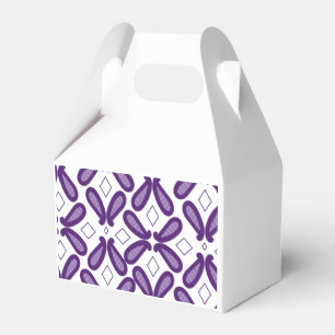 A symmetrical pattern featuring white and purple m favour box