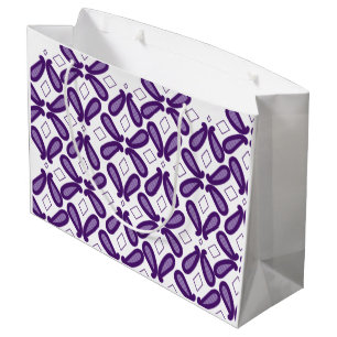 A symmetrical pattern featuring white and purple m large gift bag