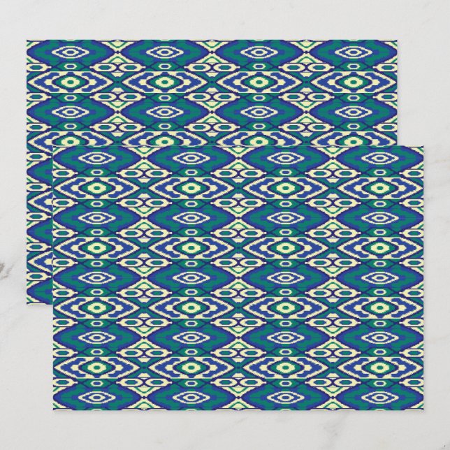 A symmetrical pattern of blue motifs on a textile  invitation (Front/Back)