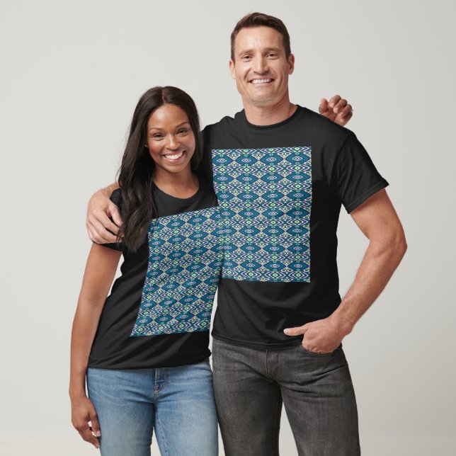 A symmetrical pattern of blue motifs on a textile  T-Shirt (Unisex)