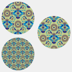 A symmetrical textile design featuring blue and or