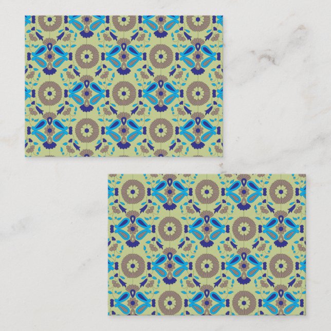 A symmetrical textile design featuring blue and or appointment card (Front/Back)