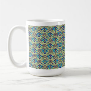 A symmetrical textile design featuring blue and or coffee mug
