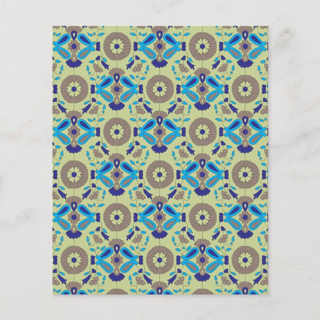 A symmetrical textile design featuring blue and or flyer (Front)