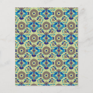 A symmetrical textile design featuring blue and or flyer