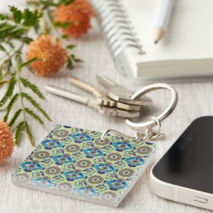 A symmetrical textile design featuring blue and or key ring
