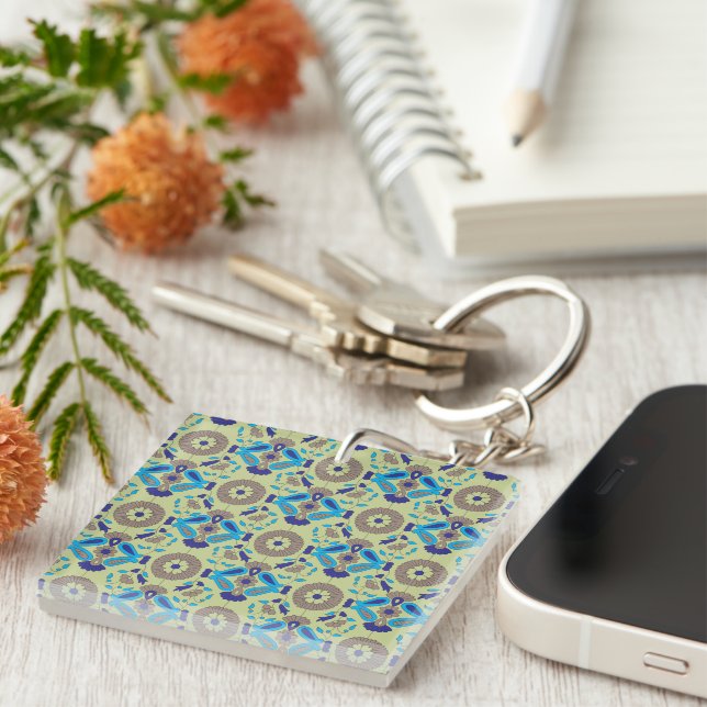 A symmetrical textile design featuring blue and or key ring (Front Right)
