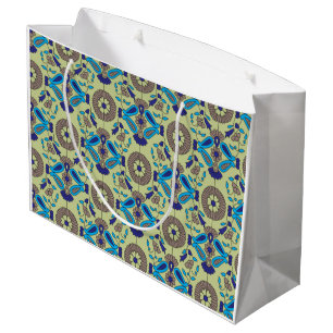 A symmetrical textile design featuring blue and or large gift bag