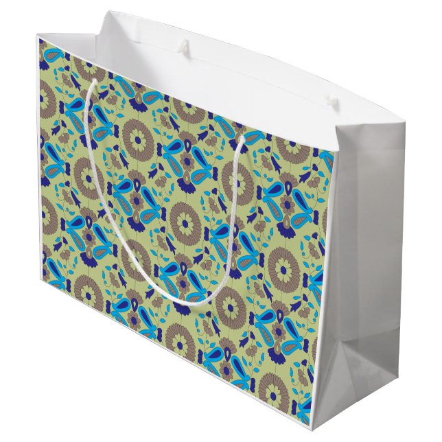 A symmetrical textile design featuring blue and or large gift bag (Back Angled)